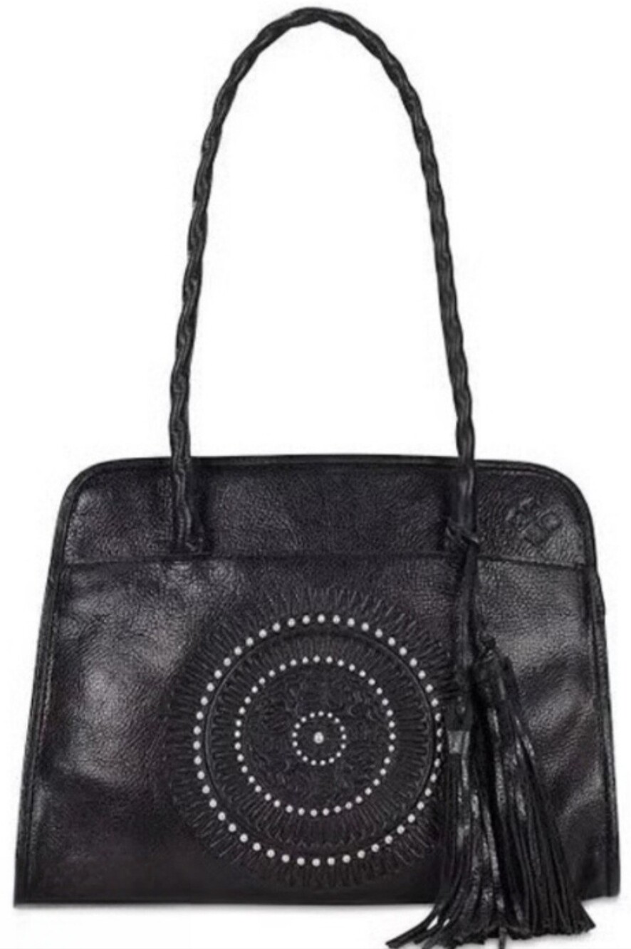 PATRICIA NASH Paris Tooled Italian Leather Tassel Satchel Bag in Black, NWT